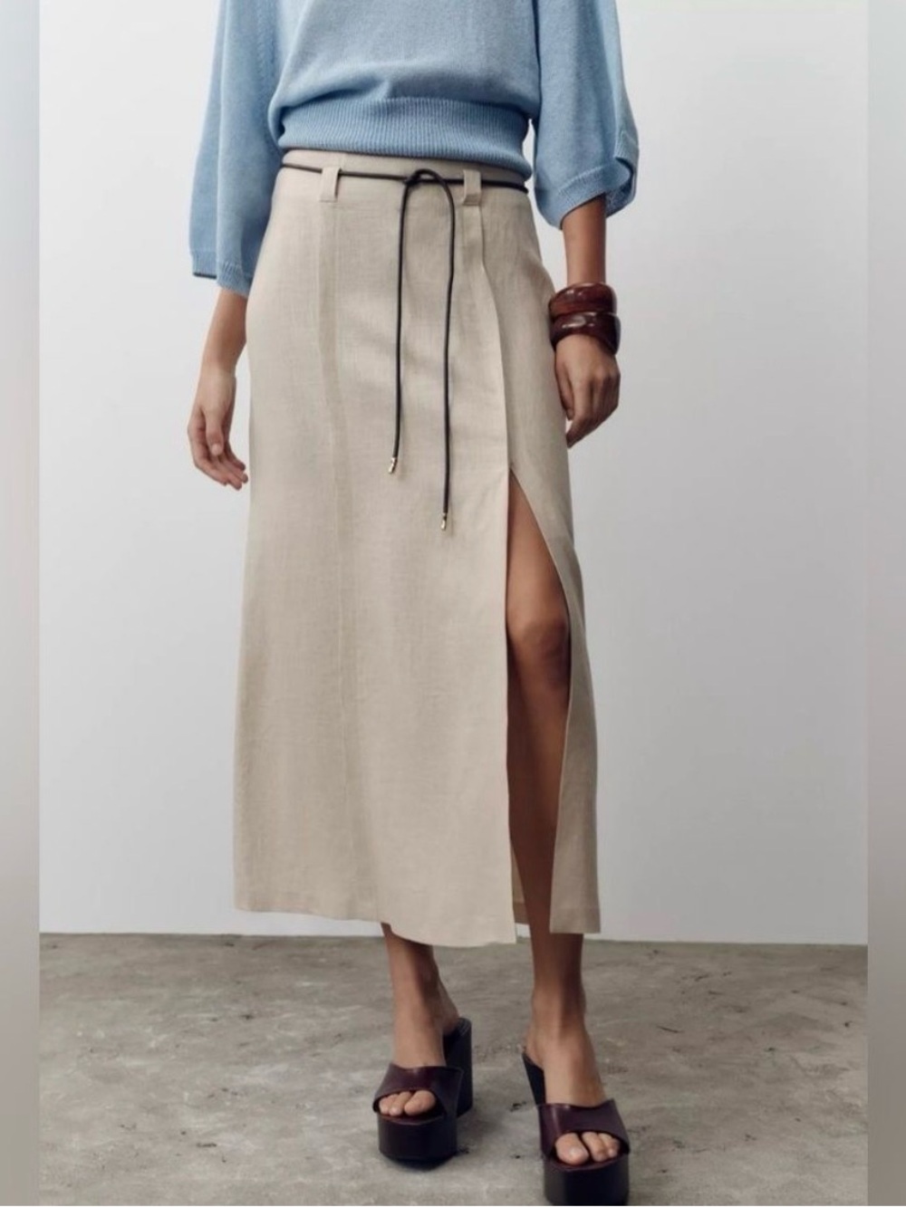 Zara Beige Cream Midi Skirt with Side Slit and Tie Detail